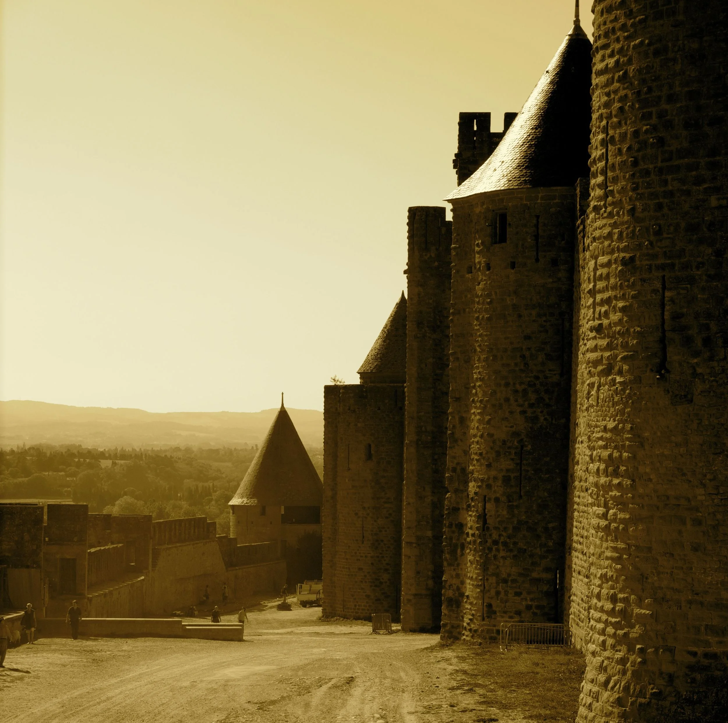 The walled city of Carcassonne in sepia evening light